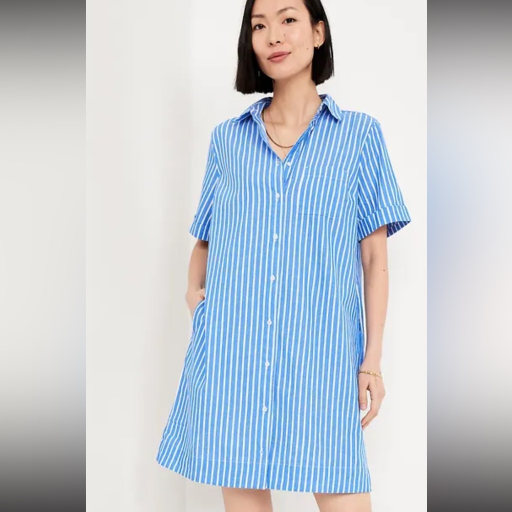 Old Navy Blue and White Vertical Stripe Shirt Dress
